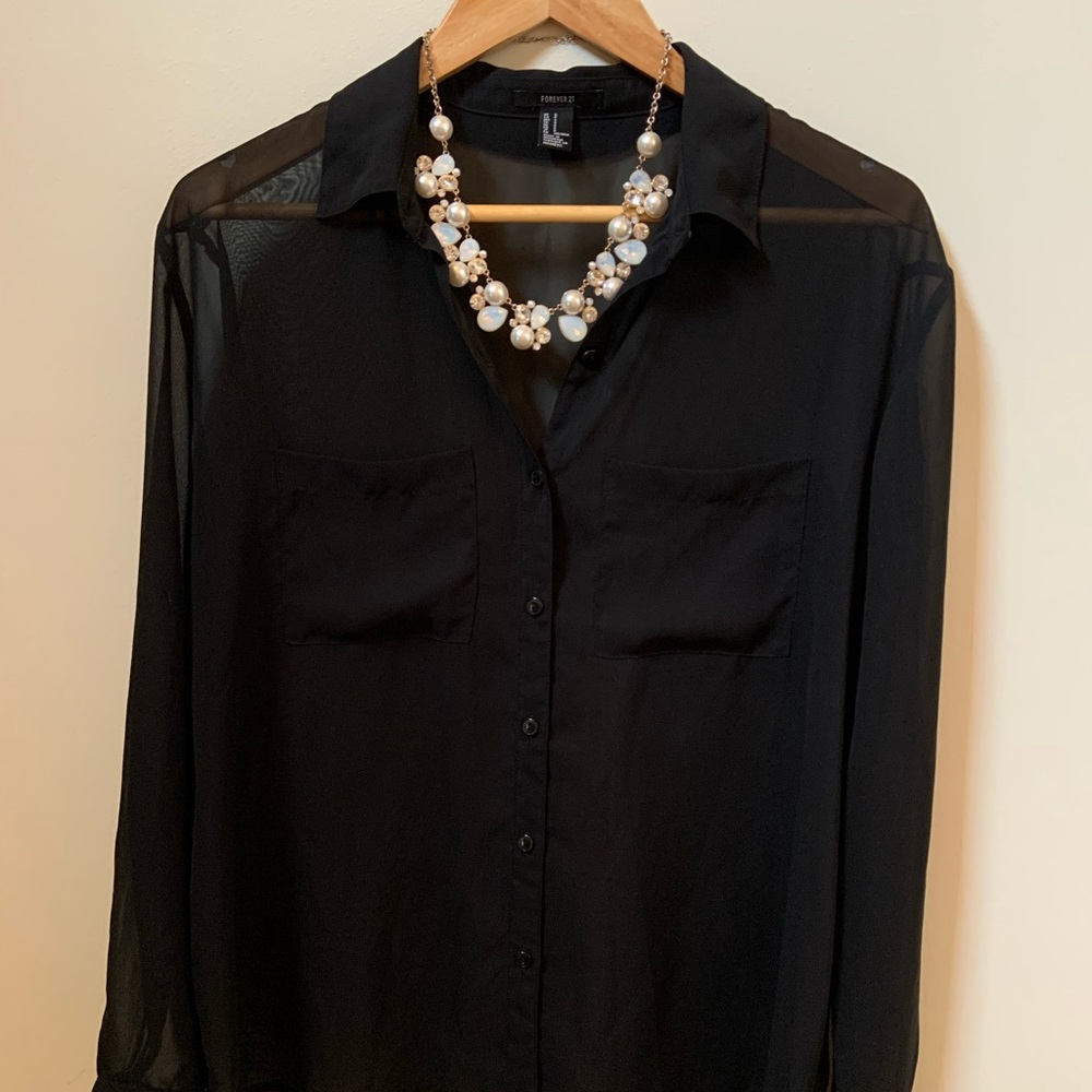 Black Mesh Button Down